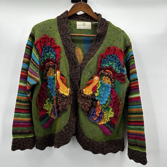 Design Options Sweaters - Design Options Cardigan Sweater Women XL Multicolor Thanksgiving Turkey 3D Ramie